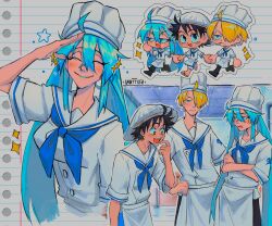 Rule 34 | 1girl, 2boys, absurdres, alternate costume, apron, artist name, black hair, black pants, blonde hair, blue eyes, blue hair, blue neckerchief, chef hat, chibi, closed eyes, crossed arms, crossover, curly eyebrows, drooling, hair over one eye, hands on own hips, hat, hatsune miku, highres, lined paper, long hair, looking at another, monkey d. luffy, multiple boys, multiple views, neckerchief, one piece, open mouth, pants, sailor collar, sainttufa, salute, sanji (one piece), shirt, short hair, short sleeves, smile, teeth, twintails, upper teeth only, vocaloid, waist apron, white apron, white hat, white sailor collar, white shirt