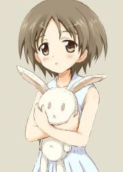 Rule 34 | 10s, 1girl, brown eyes, brown hair, casual, commentary, dress, girls und panzer, grey background, holding, holding stuffed toy, looking at viewer, ma-2 (konkon kitakitsune), maruyama saki, parted lips, short hair, simple background, sketch, sleeveless, sleeveless dress, solo, standing, stuffed animal, stuffed rabbit, stuffed toy, upper body, white dress