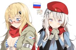 Rule 34 | 3girls, 9a-91 (girls&#039; frontline), ahoge, anger vein, aogisa, as val (girls&#039; frontline), bad id, bad twitter id, beret, bikini, bikini top only, blonde hair, blue eyes, blush, breasts, closed eyes, girls&#039; frontline, glasses, gloves, grey gloves, hair ornament, hairband, hat, heart, heart-shaped pupils, highres, interlocked fingers, jacket, multiple girls, open clothes, open jacket, red-framed eyewear, red headwear, red scarf, russian flag, scarf, silver hair, simple background, star (symbol), star hair ornament, striped bikini, striped clothes, suomi (girls&#039; frontline), swimsuit, symbol-shaped pupils, upper body, white background