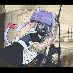 Rule 34 | 1girl, animal ear hairband, animal ears, apron, back bow, bad gun anatomy, barbed wire, black dress, black pantyhose, blunt bangs, bow, cat ear hairband, cat ears, cat tail, covered face, dithering, dress, facing to the side, facing viewer, factory, fake animal ears, feet out of frame, from side, gas mask, grass, gun, hair ribbon, hairband, holding, holding gun, holding weapon, jaggy lines, letterboxed, lokulo-chan, lokulo no mawashimono, long hair, low twintails, lowres, maid, mask, on one knee, original, outdoors, pantyhose, parody, planted, puffy short sleeves, puffy sleeves, purple eyes, purple hair, red bow, red ribbon, revision, ribbon, rifle, short dress, short sleeves, solo, stalker (game), tail, tail bow, tail ornament, tail raised, topless, twintails, warehouse, weapon, white bow, yellow background