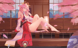 Rule 34 | 123456789xxxx, 1girl, absurdres, animal ears, arm support, bare legs, bare shoulders, barefoot, breasts, cherry blossoms, chinese commentary, closed mouth, commentary request, detached sleeves, earrings, falling petals, feet, floppy ears, fox ears, from side, full body, genshin impact, hair ornament, hand up, heel up, highres, jewelry, knees up, long sleeves, looking at viewer, looking to the side, medium breasts, nail polish, nontraditional miko, panties, petals, pink hair, purple eyes, red panties, red skirt, shirt, sideboob, skirt, smile, solo, thighs, toenail polish, toenails, toes, tree, underwear, white shirt, white sleeves, wide sleeves, yae miko
