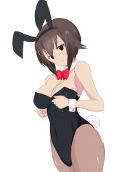 Rule 34 | 1girl, animal ears, berumina, bow, bowtie, breasts, brown eyes, brown hair, detached collar, fake animal ears, fake tail, girls und panzer, highres, large breasts, leotard, looking at viewer, nishizumi maho, pantyhose, playboy bunny, rabbit ears, rabbit tail, short hair, solo, tail, white background, wrist cuffs