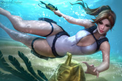 Rule 34 | 1girl, barefoot, breasts, brown eyes, brown hair, cleavage, curvy, gold, holding, holding weapon, lara croft, large breasts, legs, light, long hair, michelle hoefener, one-piece swimsuit, ponytail, solo, swimsuit, tank top, tomb raider, underwater, water, watermark, weapon