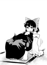 Rule 34 | 2girls, barefoot, bow, breasts, cat, commentary request, detached sleeves, exercising, expressionless, fuuzasa, greyscale, hair bow, hair tubes, hakurei reimu, highres, kaenbyou rin, kaenbyou rin (cat), long sleeves, looking at another, medium breasts, monochrome, multiple girls, multiple tails, sidelocks, tail, tatami, touhou, two tails, wide sleeves