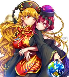 Rule 34 | 2girls, bare shoulders, black dress, black nails, black shirt, blonde hair, blush, breasts, chain, china dress, chinese clothes, closed mouth, collar, couple, dated, dress, earth (ornament), earth (planet), eye contact, female focus, hecatia lapislazuli, hug, hug from behind, iroyopon, junko (touhou), large breasts, long hair, long sleeves, looking at another, looking back, miniskirt, moon (ornament), multiple girls, nail polish, neck, off-shoulder shirt, off shoulder, orb, plaid, plaid skirt, planet, purple skirt, red eyes, red hair, red nails, sash, shirt, simple background, skirt, smile, tabard, tassel, touhou, very long hair, wavy hair, white background, wide sleeves, yuri