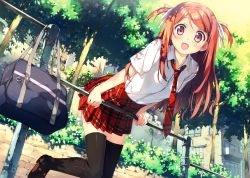 Rule 34 | 1girl, :d, absurdres, bag, balcony, black thighhighs, window blinds, blush, brick wall, brown footwear, brown hair, building, bush, collared shirt, day, dress shirt, dutch angle, hair ribbon, highres, horizontal bar, kantoku, kurumi (kantoku), lamppost, loafers, long hair, looking at viewer, necktie, open mouth, original, outdoors, pink eyes, plaid, plaid necktie, plaid neckwear, plaid skirt, pleated skirt, red necktie, red skirt, ribbon, scan, school bag, school uniform, shirt, shoes, short sleeves, skirt, smile, solo, swept bangs, thighhighs, tree, two side up, very long hair, white ribbon, white shirt, window, wing collar