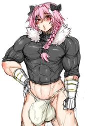 Rule 34 | 1boy, abs, androgynous, astolfo (fate), black bow, blush, bow, braid, bulge, fate/apocrypha, fate/grand order, fate (series), hair intakes, hair ribbon, hand on own hip, huge penis, looking at viewer, male focus, multicolored hair, muscular, navel, open mouth, penis, pink hair, ribbon, simple background, solo, standing, streaked hair, veins, veiny penis, white background, wrong (wrongillust)