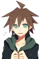 Rule 34 | 1boy, ahoge, aoki shizumi, blush, brown hair, collarbone, commentary request, danganronpa: trigger happy havoc, danganronpa (series), flying sweatdrops, green eyes, grey background, hair between eyes, hands up, hood, hoodie, jacket, looking at viewer, male focus, naegi makoto, open mouth, shirt, short hair, simple background, smile, solo, sweatdrop, upper body, white background