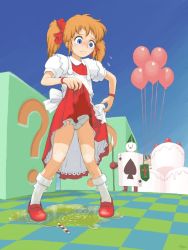 Rule 34 | 1girl, 2boys, ?, alice (marchen maze), apron, artist name, back bow, balloon, blue eyes, blue sky, blush, bow, bracelet, cake, cameltoe, candy, candy cane, card, closed mouth, clothes lift, day, dress, dress lift, embarrassed, flat chest, flying sweatdrops, food, fruit, full body, hair ribbon, hand up, jewelry, lifted by self, looking down, marchen maze, multiple boys, nose blush, orange hair, outdoors, panties, peeing, peeing self, pigeon-toed, playing card, polearm, puffy short sleeves, puffy sleeves, red footwear, red ribbon, ribbon, shield, shoes, short hair, short sleeves, signature, sky, solo focus, spade (shape), spear, standing, strawberry, tears, twintails, underwear, weapon, wet, wet clothes, white legwear, white panties, yzk