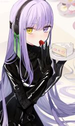 1388chan 1girl black_bodysuit black_gloves bodysuit breasts cake eating elbow_gloves fate/grand_order fate_(series) food fruit giant giantess gimp_suit gloves green_ribbon hair_ribbon hairband heterochromia highres kingprotea_(fate) latex latex_bodysuit long_hair looking_at_viewer medium_breasts purple_eyes purple_hair ribbon strawberry very_long_hair xochitonal_(fate) yellow_eyes