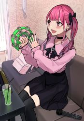 Rule 34 | absurdres, backpack, bag, black choker, black legwear, black ribbon, black skirt, choker, commentary request, couch, earrings, fang, hair ribbon, highres, hinamizawa hinami (tetto), holding, holding instrument, indoors, instrument, jewelry, long hair, long sleeves, microphone, open mouth, original, pink shirt, purple eyes, purple hair, ribbon, shirt, sitting, skin fang, skirt, tetto (onnoveltet), two side up, unworn backpack, unworn bag