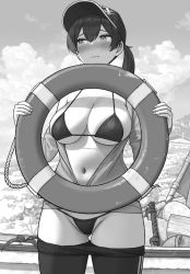 Rule 34 | 1girl, alternate costume, baseball cap, bikini, bikini under clothes, blush, boat, breasts, cleavage, closed mouth, clothes pull, cloud, cowboy shot, day, embarrassed, frown, gluteal fold, greyscale, groin, hat, holding, jacket, kaga (kancolle), kantai collection, large breasts, lifebuoy, long hair, long sleeves, looking away, looking to the side, monochrome, nose blush, open clothes, open jacket, outdoors, pants, pants pull, ponytail, shijukara (great tit), sky, solo, swim ring, swimsuit, watercraft