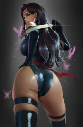 1girl ass breasts dantewontdie highres long_hair looking_back marvel psylocke skin_tight sword weapon