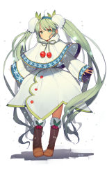 Rule 34 | 1girl, ahoge, boots, brown footwear, capelet, flower, fur boots, green eyes, green hair, hatsune miku, kitada mo, knee boots, lily of the valley, long hair, matching hair/eyes, snowflake print, solo, twintails, very long hair, vocaloid, white background, yuki miku
