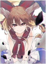 Rule 34 | 1girl, ahoge, border, bow, bowtie, brown eyes, brown hair, brown horns, chromatic aberration, closed mouth, commentary request, cowboy shot, flat chest, hair between eyes, hair bow, highres, horn bow, horn ornament, horns, ibuki suika, long hair, looking at viewer, low-tied long hair, medium bangs, o (crazyoton46), purple bow, purple skirt, red bow, red bowtie, rock, shirt, signature, skirt, sleeveless, sleeveless shirt, smile, solo, split mouth, touhou, white border, white shirt, wrist cuffs