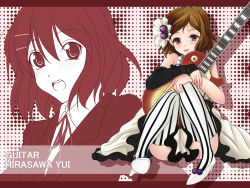 Rule 34 | 00s, 1girl, bad id, bad pixiv id, blush, brown eyes, brown hair, don&#039;t say &quot;lazy&quot;, female focus, fujimori mikan, guitar, highres, hirasawa yui, instrument, k-on!, school uniform, sitting, solo, striped clothes, striped thighhighs, thighhighs, vertical-striped clothes, vertical-striped thighhighs