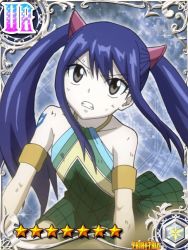 Rule 34 | 1girl, angry, arm tattoo, armlet, armpits, bare shoulders, blue hair, brown eyes, child, clenched teeth, collarbone, dirty, dress, eyelashes, fairy tail, fighting, flat chest, green dress, hair ornament, injury, legs, long hair, long twintails, looking at viewer, multicolored clothes, multicolored dress, neck, official art, pale skin, print dress, shiny skin, side bangs, sidelocks, sleeveless, sleeveless dress, standing, tattoo, teeth, thighs, trading card, twintails, v-shaped eyebrows, wendy marvell