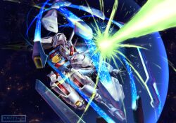 Rule 34 | absurdres, assassin silver, battle, beam rifle, bit (gundam), blocking, blue eyes, commentary request, energy barrier, energy beam, energy gun, exhaust, funnels (gundam), gun, gundam, gundam aerial, gundam suisei no majo, highres, holding, holding gun, holding weapon, mecha, mobile suit, no humans, robot, solo, space, star (sky), v-fin, weapon