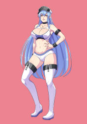 Rule 34 | 1girl, absurdres, akame ga kill!, blue eyes, blue hair, boots, breasts, choker, cirenk, cleavage, collarbone, commission, esdeath, full body, hand on own hip, hat, highres, knee boots, large breasts, long hair, looking at viewer, navel, parted lips, solo, very long hair, white footwear, white hat