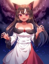 Rule 34 | 1girl, absurdres, animal ears, breasts, brooch, brown hair, collarbone, dress, fang, highres, imaizumi kagerou, jewelry, kaoling, long hair, long sleeves, looking at viewer, off-shoulder dress, off shoulder, open mouth, red eyes, solo, tail, touhou, white dress, wide sleeves, wolf ears, wolf tail