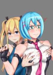 Rule 34 | 2girls, aqua eyes, arm warmers, artist request, bare shoulders, blonde hair, blue eyes, blue hair, blush, grabbing another&#039;s breast, breasts, dead or alive, dead or alive 6, deep skin, embarrassed, fingerless gloves, glasses, gloves, grabbing, hair ornament, hair ribbon, hairclip, highres, large breasts, leotard, long hair, marie rose, multiple girls, naughty face, necktie, nico (doa), open mouth, ribbon, shiny clothes, shiny skin, short hair, smile, surprised, sweat, torn clothes, twintails, wavy mouth, yuri