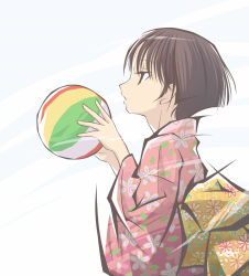 Rule 34 | 1girl, ball, beachball, brown hair, from side, haiiro (hi ghi ro), japanese clothes, kimono, original, pink kimono, profile, short hair, solo, yukata