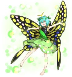 Rule 34 | &gt;:d, 1girl, :d, antennae, bad id, bad nicoseiga id, bare arms, barefoot, blue hair, blush, brown eyes, butterfly wings, dress, eternity larva, full body, green dress, hair between eyes, hair ornament, highres, insect wings, kankan33333, leaf hair ornament, looking away, open mouth, outstretched arms, short hair, smile, solo, spread arms, touhou, v-shaped eyebrows, wings