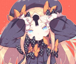 Rule 34 | 1girl, abigail williams (fate), arms up, artist name, black bow, black dress, black hat, blonde hair, blue eyes, blush, bow, dated, dress, fate/grand order, fate (series), hair bow, hands on own face, hat, head tilt, keyhole, kotoba (1074421015), long hair, long sleeves, looking at viewer, orange bow, parted bangs, polka dot, polka dot bow, red background, simple background, sleeves past wrists, solo, very long hair