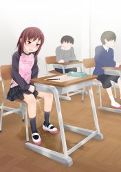 Rule 34 | 1girl, 2boys, arms between legs, between legs, black legwear, black skirt, blush, breasts, brown hair, chair, classroom, clothes writing, crotch grab, desk, embarrassed, english text, faceless, faceless male, flat chest, gokiburi no dashi, hand between legs, have to pee, highres, indoors, long sleeves, medium breasts, miniskirt, multiple boys, nose blush, on chair, open mouth, original, own hands together, paper, pee, peeing, peeing self, pencil, pencil case, pink shirt, puddle, raglan sleeves, red eyes, school chair, school desk, shirt, shoes, sidelocks, sitting, skirt, socks, solo focus, sweat, tears, trembling, wet, wet clothes, white footwear, wooden floor