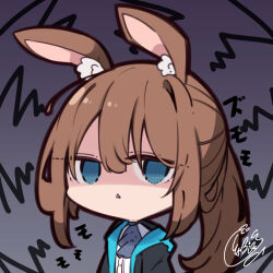 Rule 34 | 1girl, :&lt;, @ @, amiya (arknights), animal ear fluff, animal ears, arknights, ascot, beni shake, black jacket, blue eyes, brown hair, center frills, chibi, commentary request, frills, hair between eyes, hood, hood down, hooded jacket, jacket, long hair, open clothes, open jacket, parted lips, purple ascot, rabbit ears, shaded face, shirt, signature, solo, triangle mouth, upper body, white shirt