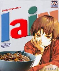 Rule 34 | 1990s (style), 1girl, abe yoshitoshi, brown eyes, brown hair, cereal, female focus, hair ornament, hairclip, hand on own cheek, hand on own face, iwakura lain, lowres, pun, retro artstyle, serial experiments lain, short hair, solo, third-party edit, upper body, watch, wristwatch
