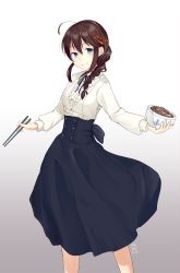 Rule 34 | 10s, 1girl, 2016, absurdres, ahoge, anchor symbol, black ribbon, blue eyes, bowl, braid, brown hair, buttons, center frills, chopsticks, closed mouth, collared shirt, dated, frills, gradient background, grey background, hair ornament, hair over shoulder, hairpin, high-waist skirt, highres, holding, holding bowl, kantai collection, long hair, long skirt, long sleeves, looking at viewer, meme attire, ribbon, shigure (kancolle), shigure kai ni (kancolle), shirt, signature, simple background, single braid, skirt, smile, solo, unajuu, unajuu (set mk), virgin killer outfit, white shirt, wing collar
