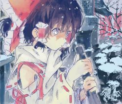 Rule 34 | 1girl, bad drawr id, bad id, bow, broom, detached sleeves, drawr, female focus, hair tubes, hakurei reimu, japanese clothes, miko, nature, oekaki, outdoors, perfect cherry blossom, plant, scarf, short hair, snow, solo, sweeping, touhou, winter