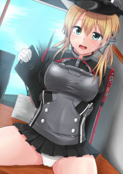 Rule 34 | 10s, 1girl, :d, anchor, anchor hair ornament, arm behind back, black ribbon, black skirt, blonde hair, blue eyes, blush, breasts, cross, gloves, hair ornament, hair ribbon, iron cross, kantai collection, large breasts, long hair, long sleeves, microskirt, military, military uniform, open mouth, panties, paper, pleated skirt, prinz eugen (kancolle), ribbon, sitting, skirt, smile, solo, taut clothes, twintails, underwear, uniform, varios, white gloves, white panties