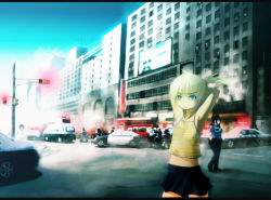 Rule 34 | 3girls, blonde hair, blue eyes, building, car, cityscape, commentary, fire, highres, letterboxed, motor vehicle, multiple girls, navel, onibi (foxhound4185), original, police, police car, police uniform, policewoman, smoke, traffic light, uniform, vehicle, waving