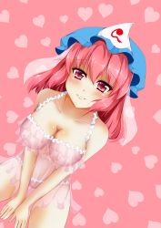 Rule 34 | 1girl, babydoll, bare arms, blush, breasts, collarbone, dutch angle, hat, heart, heart background, highres, lingerie, looking at viewer, merxkialis, mob cap, panties, pink background, pink eyes, pink hair, pink panties, saigyouji yuyuko, see-through, short hair, solo, touhou, triangular headpiece, underwear, underwear only, v arms