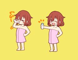 Rule 34 | &gt; &lt;, 1girl, barefoot, blush stickers, bottle, brown eyes, brown hair, chibi, commission, drinking, fang, hair between eyes, highres, holding, holding bottle, ikazuchi (kancolle), kantai collection, milk bottle, multiple views, naked towel, one eye closed, pink towel, pixiv commission, short hair, simple background, skin fang, standing, towel, unagiman, yellow background