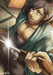 Rule 34 | brown hair, foreshortening, ishikawa goemon xiii, japanese clothes, lens flare, lower teeth only, lupin iii, male focus, mochiko (33color), muscular, muscular male, open mouth, short hair, sideburns, signature, sitting, solo, sword, tatami, teeth, weapon
