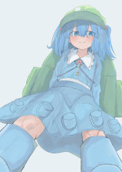 Rule 34 | 1girl, backpack, bag, blue eyes, blue footwear, blue hair, blush, boots, closed mouth, collarbone, green hat, hair bobbles, hair ornament, hat, highres, kawashiro nitori, key, knee boots, long sleeves, looking at viewer, short hair, short twintails, smile, solo, touhou, twintails, xp543387