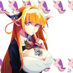 Rule 34 | 2girls, absurdres, ahoge, amane kanata, anal tail, artist name, asacoco, blonde hair, blunt bangs, bow, breasts, brooch, butt plug, chibi, cleavage, cleavage cutout, clothing cutout, dragon girl, dragon horns, fake tail, finger to mouth, hairband, highres, hololive, horn bow, horn ornament, horns, huge breasts, jewelry, kiryu coco, kiryu coco (1st costume), ladymelt, long hair, looking at viewer, mini person, minigirl, multicolored hair, multiple girls, open mouth, orange hair, pointy ears, sex toy, shushing, streaked hair, tail, virtual youtuber, white background