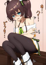 Rule 34 | 1girl, absurdres, ahoge, bad id, bad pixiv id, black pantyhose, black ribbon, blue eyes, boots, brown hair, commentary, crossed arms, disgust, green neckwear, hair between eyes, hair ribbon, halterneck, highres, hololive, jacket, lunch boxer, medium hair, miniskirt, natsuiro matsuri, natsuiro matsuri (1st costume), neck ribbon, off-shoulder jacket, off shoulder, open mouth, orange jacket, out of frame, pantyhose, pleated skirt, ribbon, scared, short sleeves, side ponytail, skirt, solo focus, spaghetti strap, sweatdrop, translated, virtual youtuber, white footwear, white skirt