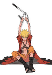 1boy arms_up blonde_hair blood blue_eyes boots coat cuffs facial_mark full_body gun handcuffs holding holding_weapon injury jewelry jokerplaner looking_at_viewer male_focus naruto_(series) navel necklace open_clothes orange_pants pants scar simple_background sitting solo spiked_hair sword tattoo torn_clothes uzumaki_naruto weapon whisker_markings white_background