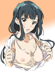 Rule 34 | 10s, 1girl, black hair, bow, breasts, brown eyes, long hair, looking at viewer, medium breasts, nipples, open clothes, open mouth, see-through, solo, sweat, umanosuke, wake up girls!, wake up girls! stage no tenshi, yagami suzuka