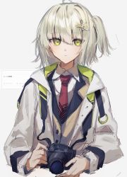 Rule 34 | 1girl, arknights, text background, blonde hair, brown jacket, camera, camera around neck, closed mouth, coat, collared shirt, expressionless, grey background, hair ornament, highres, jacket, long sleeves, looking at viewer, mokuro3m, necktie, one side up, open clothes, open coat, red necktie, scene (arknights), shirt, short hair, solo, translation request, upper body, white coat, white shirt, yellow eyes