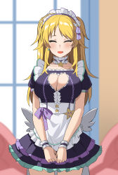 Rule 34 | 1girl, absurdres, alternate costume, apron, blonde hair, blurry, blurry background, blush, breasts, chinese commentary, cleavage, cleavage cutout, closed eyes, clothing cutout, collar, collarbone, cowboy shot, detached collar, dress, earrings, enmaided, fake wings, forehead, frilled apron, frilled collar, frilled dress, frills, hachimiya meguru, highres, holding, idolmaster, idolmaster shiny colors, indoors, jewelry, large breasts, legs apart, long hair, maid, maid apron, maid headdress, open mouth, parted bangs, shadow, short sleeves, single earring, solo, star (symbol), star earrings, window, wings, wrist cuffs, za yu a