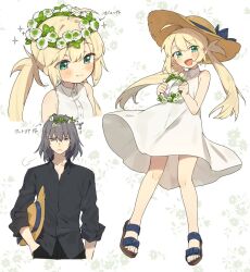 Rule 34 | 1boy, 1girl, :d, ahoge, artoria caster (fate), artoria pendragon (fate), black pants, blonde hair, collage, cropped arms, cropped legs, double-parted bangs, dress, fate/grand order, fate (series), flower wreath, green eyes, grey hair, grey shirt, hat, kabutomushi s, light blush, long hair, looking at viewer, medium hair, oberon (fate), oberon (third ascension) (fate), open mouth, pants, sandals, shirt, sidelocks, simple background, smile, sun hat, sundress, twintails, white dress