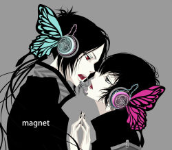 Rule 34 | 00s, 2boys, black hair, bug, butterfly, butterfly hair ornament, couple, crossover, eye contact, face-to-face, grey eyes, hair ornament, headphones, heterochromia, hibari kyouya, insect, katekyo hitman reborn!, long hair, looking at another, magnet (vocaloid), male focus, maorin, multiple boys, music, nail polish, open mouth, ponytail, red eyes, rokudou mukuro, school uniform, short hair, simple background, singing, teeth, vocaloid, yaoi