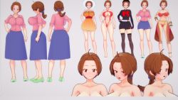 Rule 34 | 1girl, 3d, alternate breast size, antenna hair, artist request, breasts, brown eyes, brown hair, character sheet, cleavage, closed mouth, collarbone, creatures (company), curvy, dancer, delia ketchum, dress, full body, game freak, hand on own hip, hat, highres, large breasts, long hair, looking at viewer, mature female, miniskirt, multiple views, naughty face, navel, nintendo, out-of-frame censoring, pokemon, pokemon (anime), pokemon (classic anime), pokemon sm (anime), ponytail, simple background, skirt, slingshot swimsuit, smile, standing, sun hat, swimsuit, team rocket, team rocket uniform, thong, upper body