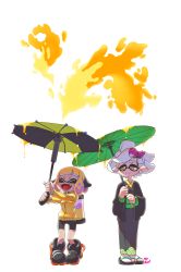 Rule 34 | + +, 2girls, 3d rod!, agent 4 (splatoon), bad id, bad tumblr id, fangs, happy, highres, ink, inkling, inkling girl, inkling player character, jacket, japanese clothes, kimono, marie (splatoon), multiple girls, nintendo, oil-paper umbrella, open mouth, orange hair, pointy ears, sandals, silver hair, smile, splatoon (series), symbol-shaped pupils, tentacle hair, umbrella