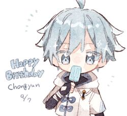 Rule 34 | 1boy, ahoge, bandaged arm, bandages, black gloves, black shirt, blue eyes, blue hair, blush, character name, chibi, chongyun (genshin impact), colored eyelashes, commentary request, covered mouth, dated, elbow gloves, fingerless gloves, food, genshin impact, gloves, hair between eyes, happy birthday, holding, holding food, holding popsicle, hood, hood down, hoodie, looking at viewer, male focus, nekorune (bukubuku awai), notice lines, popsicle, shirt, short hair, short sleeves, simple background, solo, sparkle, upper body, white background, white hoodie